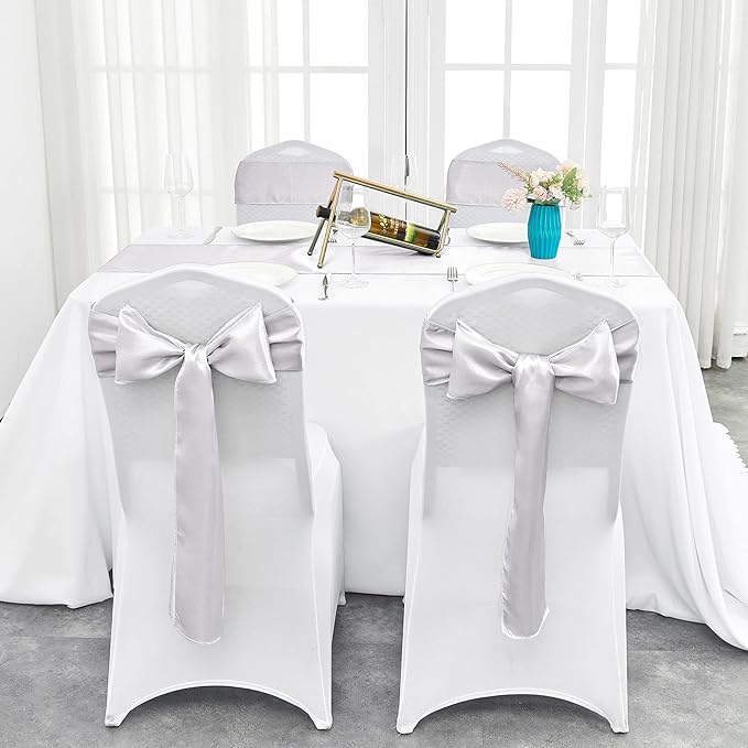 10-Pack Silver Satin Table Runner 12 x 108 Inch Long Bright and Smooth Silk Fabric Table Runner for Wedding Banquet Birthday Party Decoration