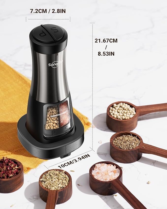 Sangcon Electric Salt and Pepper Grinder Set Shaker 2 IN 1 - USB RECHARGEABLE Salt and Pepper Mill with Charging Base, Adjustable Coarseness Automatic Grinder with Light, House Warming Cooking Gifts