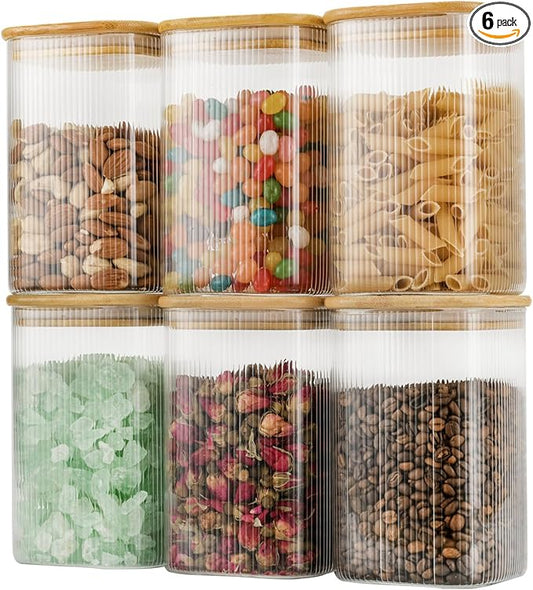 37oz Airtight Glass Square Storage Canisters with Bamboo Lids Set of 6 (1100ml) Striped Stackable Containers, Decorative Kitchen Jars for Tea, Nuts and Coffee (?럚ith Black Lable)