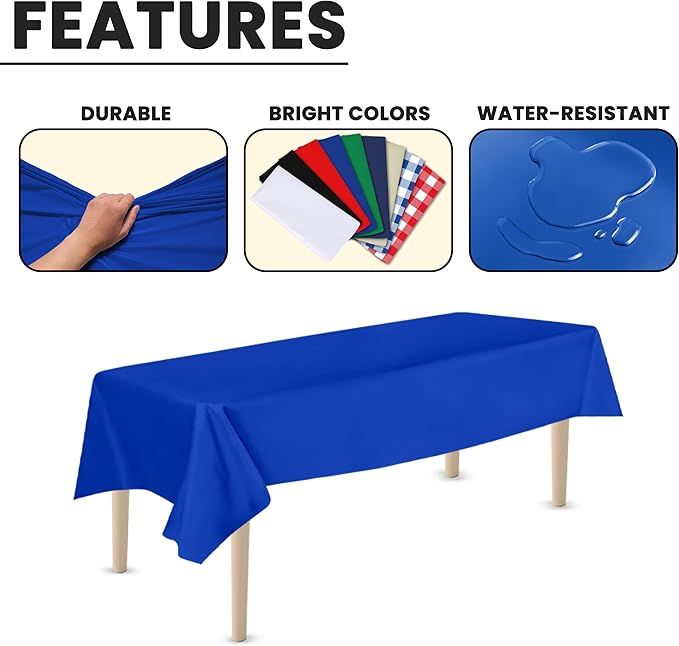 LEMON + Co. Blue Rectangle Table Cover Disposable Plastic Tablecloth 54 Inch. x 108 Inch. Premium Decorative Rectangle Table Cover 20 Pack