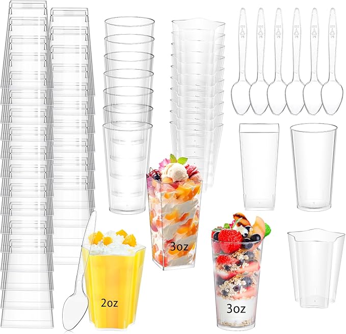 ALEXPRE 240 Packs 2/3 oz Mini Dessert Cups with Spoons, Square/Round/Five-pointed Star Clear Dessert Parfait Cups, Mini Plastic Dessert Cups Small Reusable Fruit Ice Cream Pudding Appetizer Cup Bowls