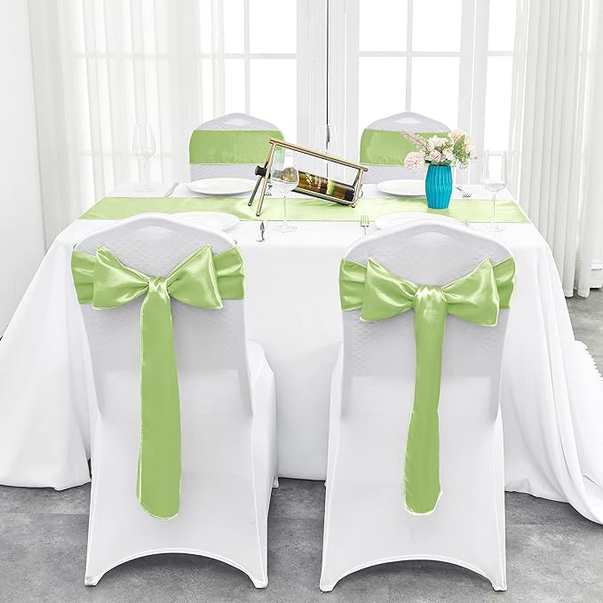 4-Pack Green Satin Table Runner 12 x 108 Inch Long Bright and Smooth Silk Fabric Table Runner for Wedding Banquet Birthday Party Decoration