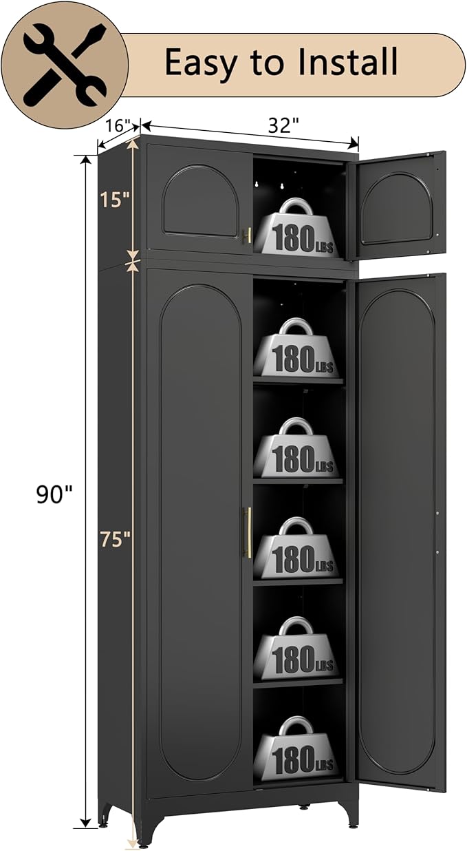 90??Tall Kitchen Pantry Cabinet,Storage Cabinet with Doors and Adjustable Shelves,Modern Kitchen Hutch Cabinets,Freestanding Cupboard for Dining Room