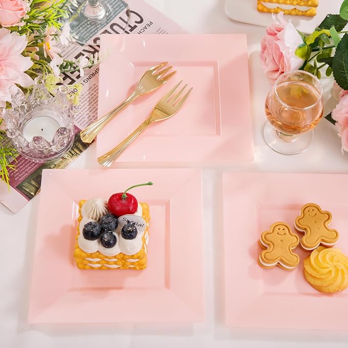 supernal 200pcs Square Pink Dessert Plates with Gold Plastic Forks,Appetizer Pink Plate Disposable with 100 Square Dessert Plates 6" and 100 5" Gold Forks Perfect Valentine Day Birthday Wedding