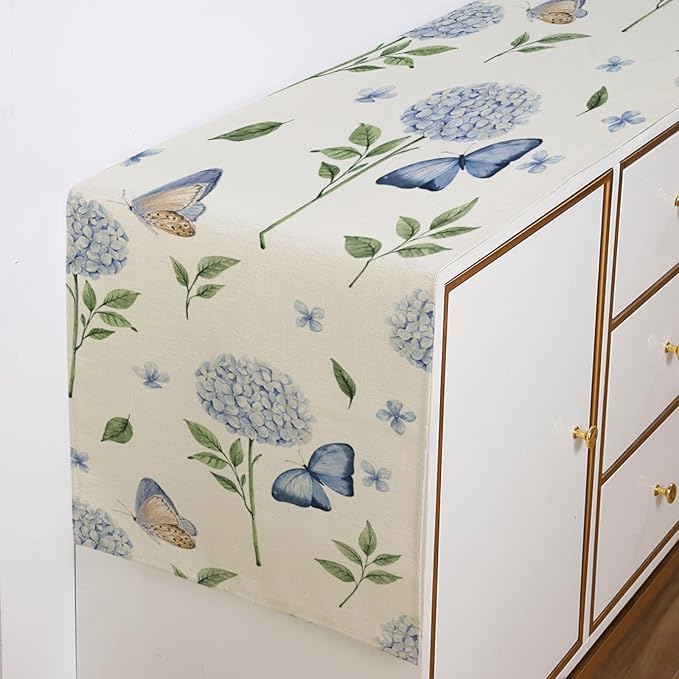 ZCHOMI Hydrangea Butterfly Table Runner 13x72 Inch Summer Flowers Spring Kitchen Dinning Table Decoration for Indoor Outdoor Home Party D챕cor