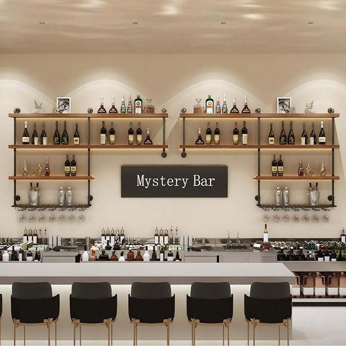 59.1in Large Wine Rack with LED Light, 4 Tiers Solid Wood Wall Mounted Wine Rack, Industrial Liquor Bottles Floating Shelves with Glass Holder for Home Bar/Dining Room (59.1in/150cm)