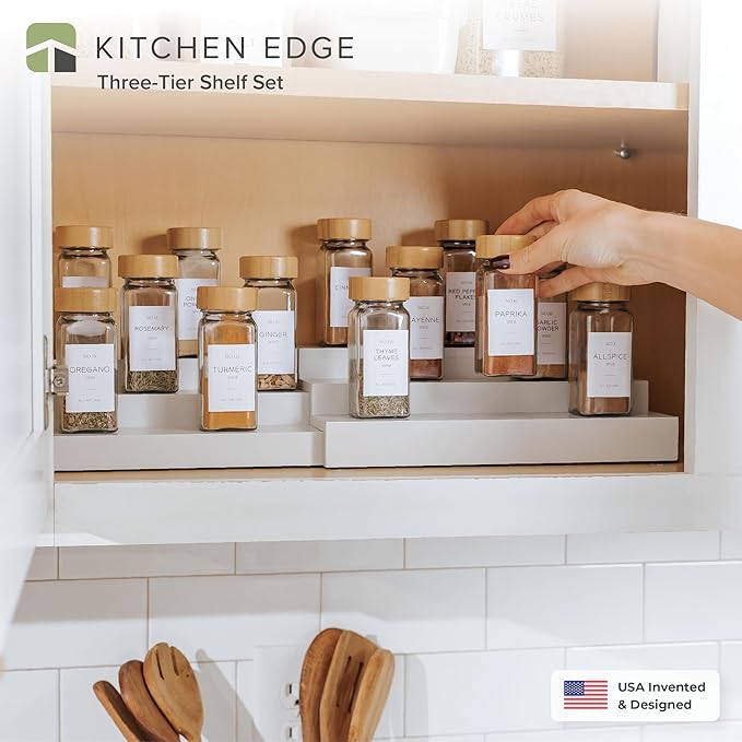 KitchenEdge Expandable Spice Rack Organizer for Cabinet, 3-Tier Shelf for Spice Organization (11??to 22??, Fits 36 Spice Jars, Seasoning and Pantry Storage, Non-Slip Feet, 100% Bamboo, White Finish