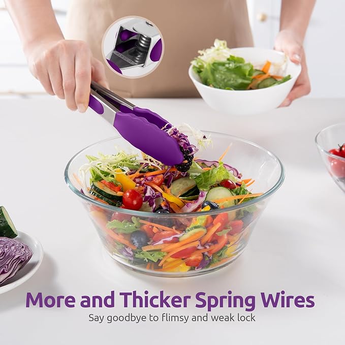 600쨘F Heat Resistant Kitchen Tong: U-Taste 7 inch Silicone Cooking Tong with Firm Sealed Non Stick Rubber Tips & Silicon Coated 18/8 Stainless Steel Handle & Smooth Locking for Serving Salad (Purple)