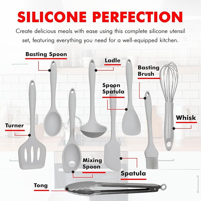 Chef Craft - Premium Silicone Kitchen Tools and Utensils Set, Non-Scratch, Withstands Temperatures up to 450째F, BPA-Free, 9 Piece Cooking Utensils Set, Gray