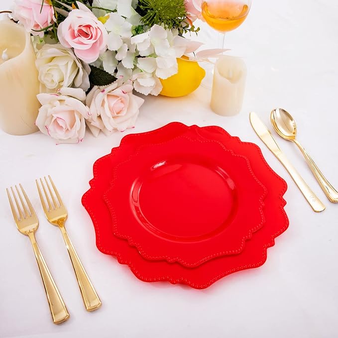 COLOSUS Disposable Plastic Plates 60Pcs, Christmas Red Plastic Party Plates, Heavy Duty 30 Dinner plate 10.5??and 30 Salad/Dessert Plate 8.25??for Christmas party dinner
