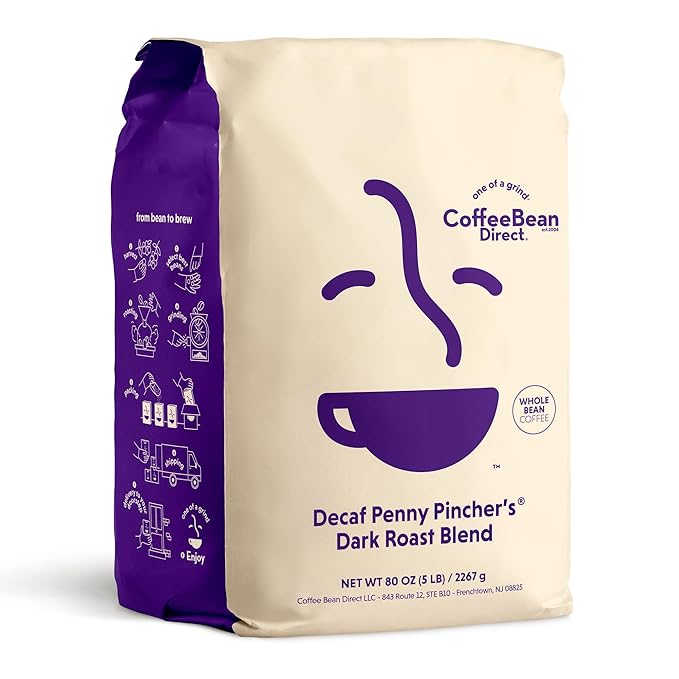 Coffee Bean Direct Decaf Penny Pincher's짰 Dark Roast Blend, Whole Bean Coffee, Dark Roast, 5 Pound Bag (Pack of 1)