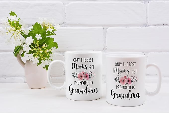 QASHWEY Only The Best Moms Get Promoted to Grandma Coffee Mugs, Funny Pregnancy Announcement Gifts for Mom New Grandma, Double Side Printed Ceramic Mug Cup 11 Ounce