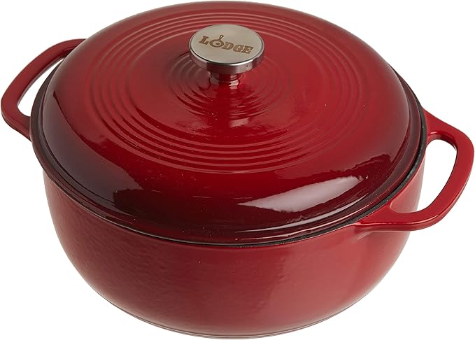 Lodge 6 Quart Enameled Cast Iron Dutch Oven with Lid ??Dual Handles ??Oven Safe up to 500째 F or on Stovetop - Use to Marinate, Cook, Bake, Refrigerate and Serve ??Island Spice Red