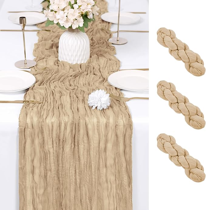 RealBox 3 Pack Beige Cheesecloth Table Runner 17x108 Inch Semi Sheer Boho Gauze Cheese Cloth Fabric Table Runners Table Decor for Wedding Party Baby Shower Birthday Home Decor Garden Farmhouse