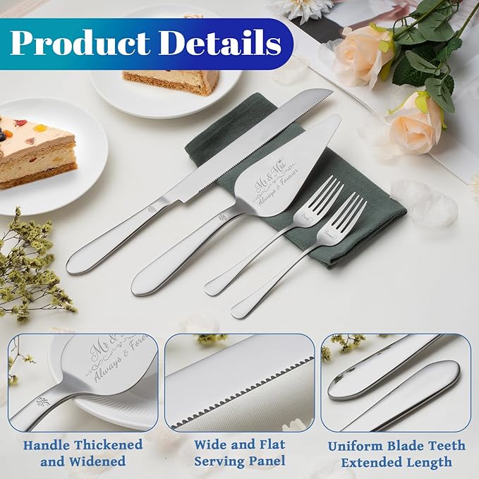 Cake Cutting Set for Wedding, Elegant Cake Knife and Server Set with Stainless Steel Forks, Cake Cutter and Pie Spatula for Engagements, Anniversary, Bride and Groom, 4 Pcs, Silver