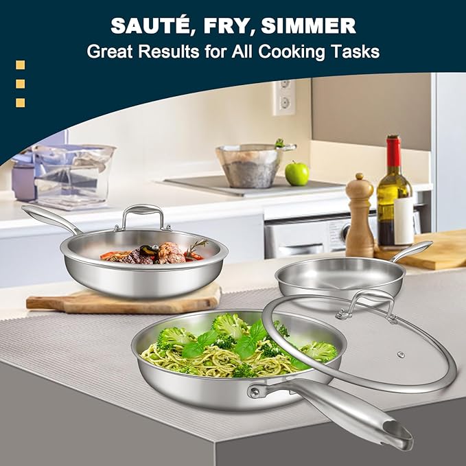 Tri-Ply Stainless Steel Frying Pans Set with Lid, EWFEN 8??10??12??Cooking pans, PFOA&PTFE Free Skillet, Induction Cooking Pan, Dishwasher and Oven Safe, Fast & Even Heat, Suitable for All Stove