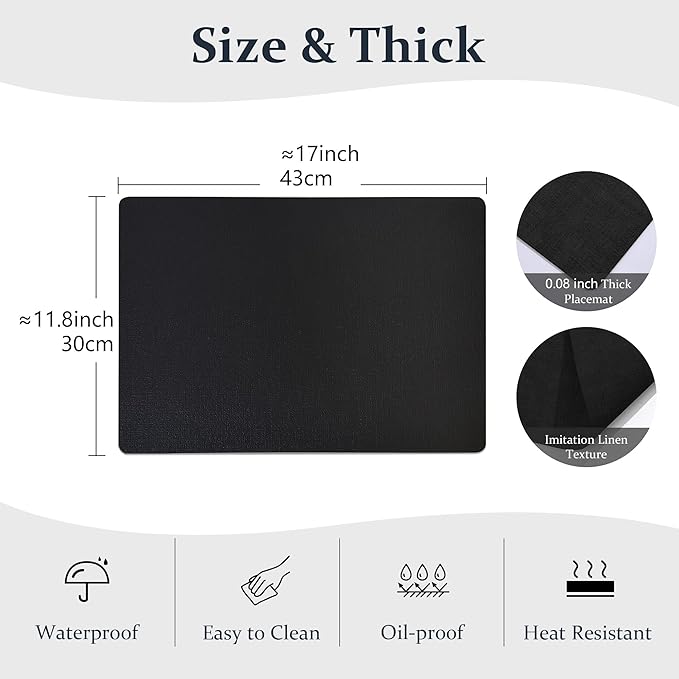 FROMHEART Faux Leather Placemats Set of 12?밯aterproof,Heat/Oil Stain-Resistant PU Table Mat?밨eversible,Non-Slip,Easy to Clean Place Mats for Kitchen,Dining,Indoor/Outdoor,(Black,11.8" x 17")