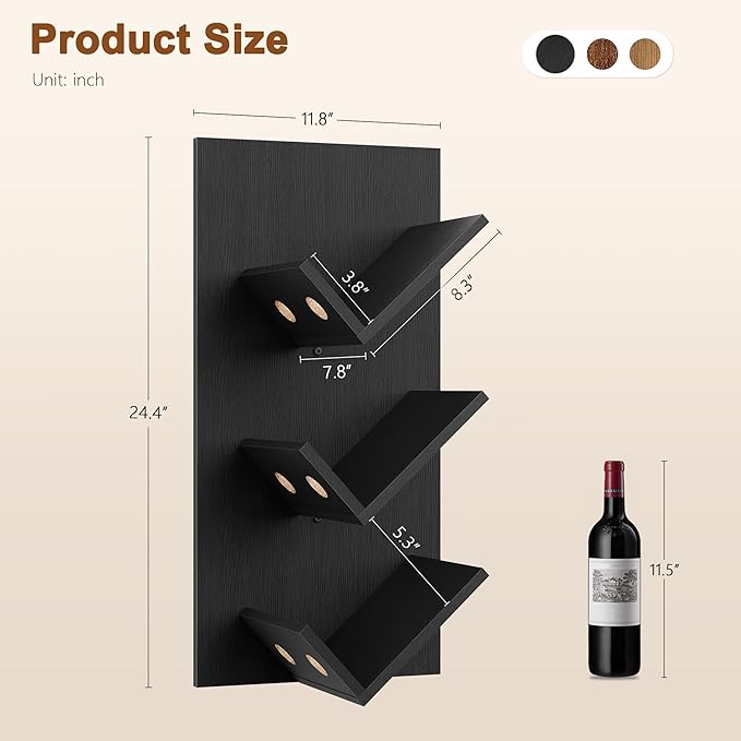 Hoctieon Wine Rack Wall Mounted, 6 Bottles Hanging Wine Racks Bar Shelves for Display & Storage, Rustic Wood Wine Bottle Holder for Home Bar, Kitchen, Dining Room, Black