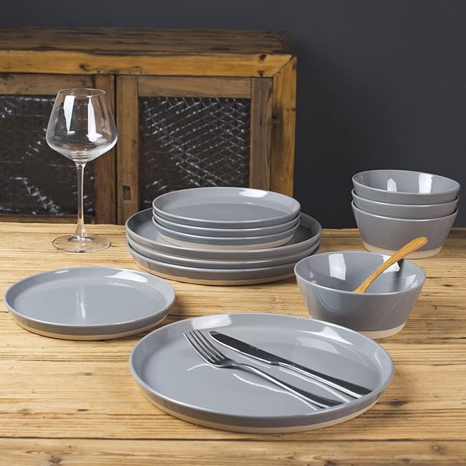 Famiware Saturn 16 Pieces Plates and Double Bowls Sets for 4, Stoneware Dinnerware Set with Pasta Bowl, Dish Set with Trim - Chip & Scratch Resistant, Microwave & Dishwasher Safe, Dark Gray