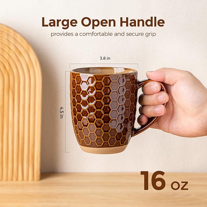 GBhome Large Coffee Mugs Set of 4, 16oz Handmade Embossed Coffee Mugs Set with Large Handle for Cappuccino/Latte/Tea/Hot Cocoa, Dishwasher & Microwave Safe, Caramel