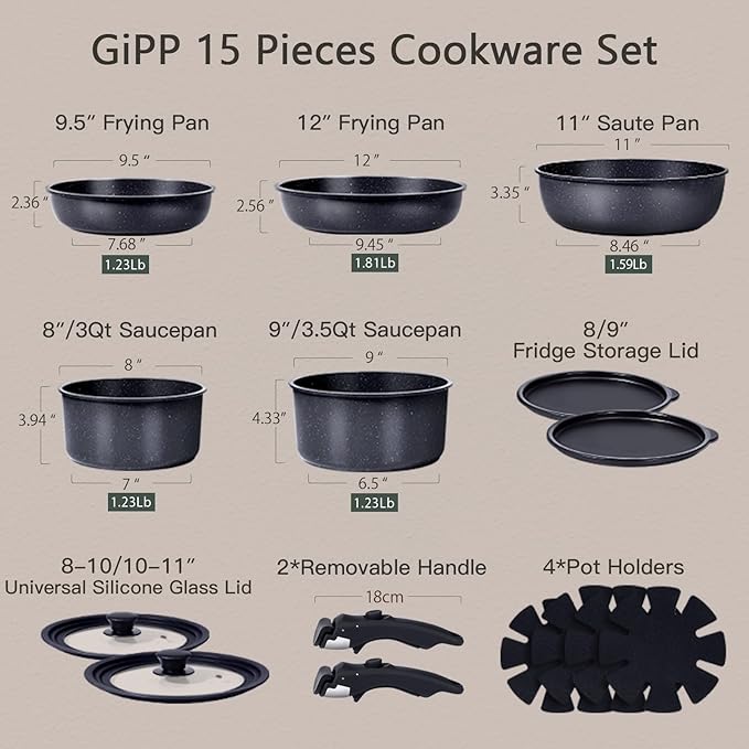 GiPP Ceramic Pots and Pans Set Non Stick, Nonstick Detachable Handle Cookware Sets, Healthy Non Toxic PFAS PFOA & PTFE Free, Dishwasher 竊냀ven Safe, Induction Kitchen Pot and Pan, 15 Piece Grey