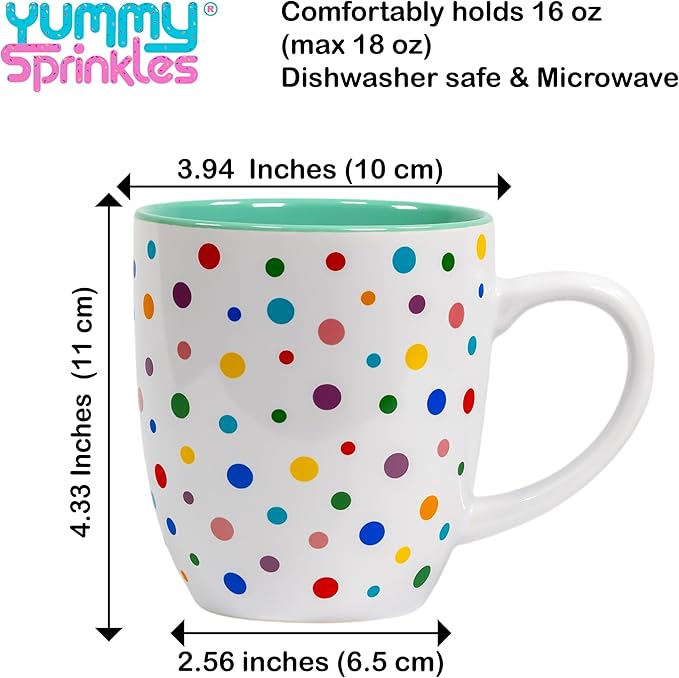 Mint Green Cute Mug with Confetti Rainbow Sprinkles | Birthday Cake Coffee Cup Gift | Large Ice cream Cup | Dunkin Donuts Coffee Mugs With Fun Polka Dot Pattern