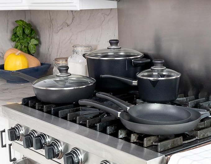 Scanpan Classic 10 Piece Cookware Set ??Compatible with Gas and Electric Stovetops, Metal Utensil Safe, Oven Safe to 500째F, Dishwasher Safe, Black