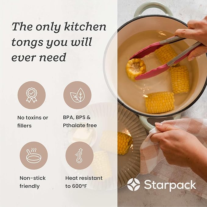 Starpack 'Get a Grip' Silicone Kitchen Tongs for Cooking 9 Inch - BBQ Silicone Tongs for Grill Heat Resistant to 600째F - Stainless Steel Utensils with Non Stick Rubber Tips for Serving Food