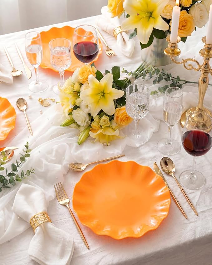 LIYH 20 Pcs 10 Inch Orange Plastic Scalloped Plates Reusable - Unbreakable Dinner Plates-Dishwasher Safe, Perfect for Halloween & Thanksgiving Party BPA Free