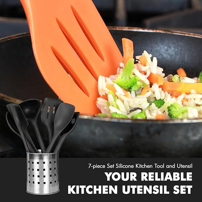 Chef Craft - Premium Silicone Kitchen Tools and Utensils Set, Non-Scratch, Withstands Temperatures up to 450째F, BPA-Free, 7 Piece Cooking Utensils Set, Black