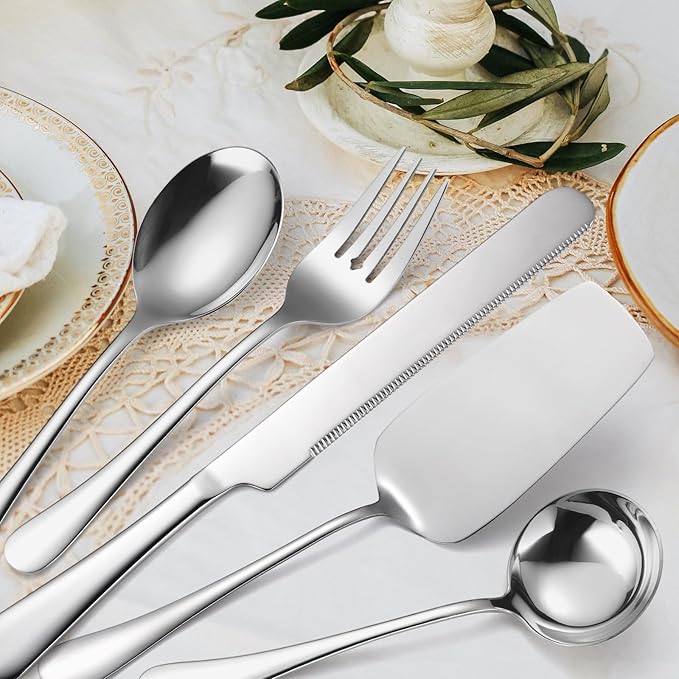 Serving Utensils 7 Pieces Stainless Steel Flatware include Cake Knife Server Large Spoon Spatula Big Fork Pefect For Festival Parties Buffet Catering Silverware