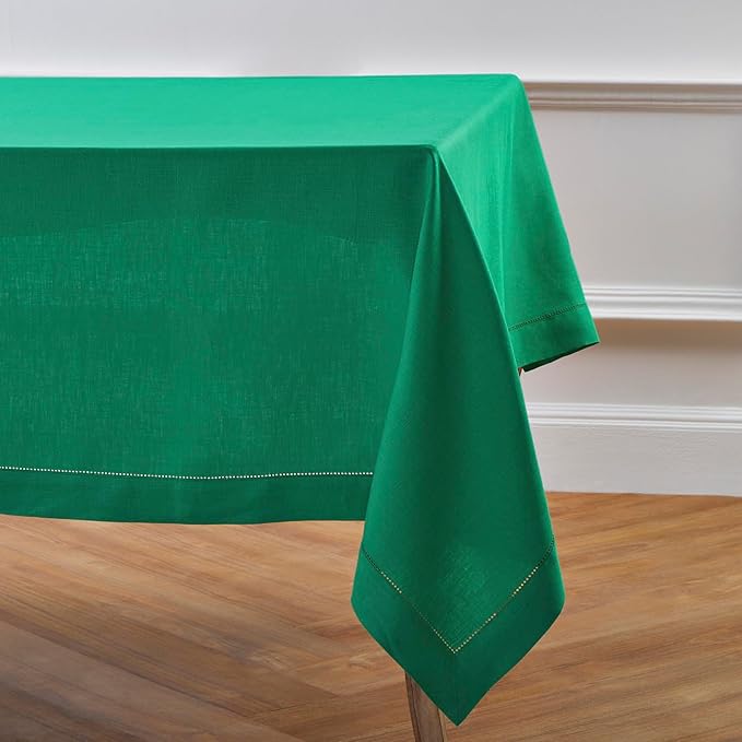 Solino Home Linen Tablecloth 60 x 90 Inch - Classic Hemstitch 100% Pure Linen Emerald Green Table Cloth for Rectangle Tables - Machine Washable Tablecloth for St Patricks Day