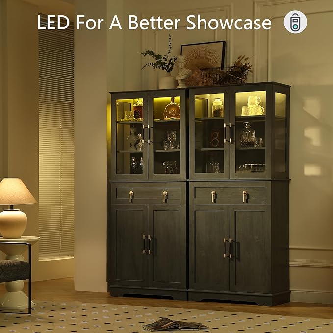 71'' Tall Pantry with Great Showcase&Storage, Pantry Cabinet with Glass Doors for Display,Removable and Adjustable Shelves for conveninet Storage, for Kitchen, Blue