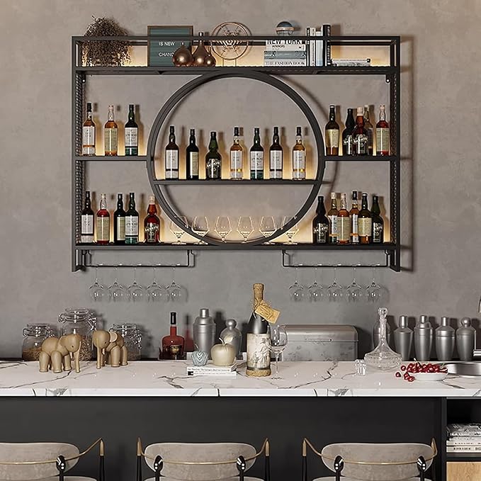 Modern Wine Storage Rack Wall Mounted With LED Light With Wine Glass Holder,Iron Bar Liquor Shelf,Floating Wall Wine Shelves,Bar Liquor Bottle Display Shelf For Kitchen Bar Decoration Gold/Black ( Col