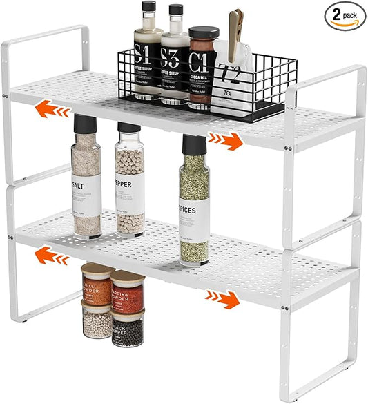 2Pack 16.5-27?쇺셂 Expandable Cabinet Countertop Shelf Organizer, Stackable Metal Shelves, Kitchen Organizers and Storage, White Storage Spice Rack for Pantry and Cupboard