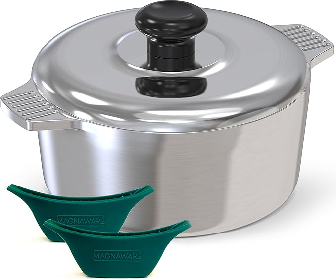 Cast Aluminum Dutch Oven with Lid - 3 Quart Lightweight Cookware Pot with Silicone Covers for Easy Handling - Even Heat Distribution & Retention - For Bread Baking, Stew, Simmering & More
