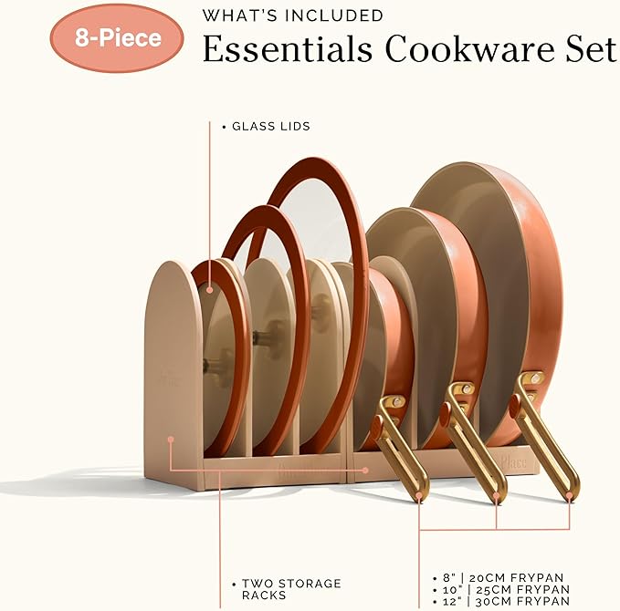 Our Place 8-Piece Essentials Complete Cookware Set - Ceramic Fry Pan Trio & Modular Rack Storage | Nontoxic Thermakind??Nonstick, Oven Safe up to 450째F & Compatible with All Cooktops | Terracotta