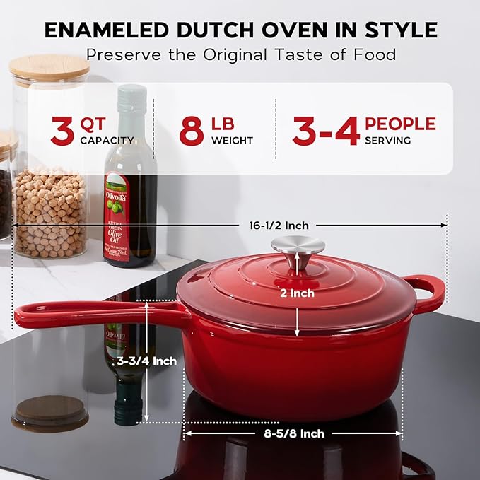 Onader Cast Iron Sauce Pan Pot, 3QT Small Saucepan with Lid, Enameled Cast Iron Dutch Oven Cooking Kitchen Pot, Nonstick & Heavy Duty ??Red