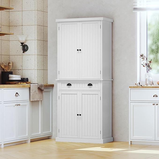 ARTPOWER 72" Pantry Storage Cabinet with Drawer, Freestanding Tall Cupboard Storage Cabinet, Utility Pantry with Door Shelves and 2 Adjustable Shelves for Kitchen, Dining Room,Living Room, White