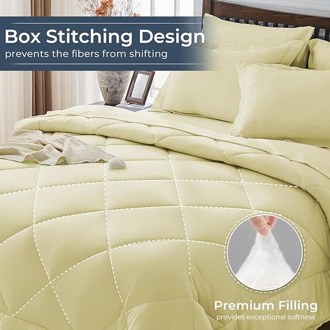 HEVUMYI Cream Yellow King Comforter Set - 7-Piece All Season Bed in a Bag King, Ultra Soft Bedding Set with Comforter, Flat Sheet, Fitted Sheet, Pillowcases, Pillow Shams