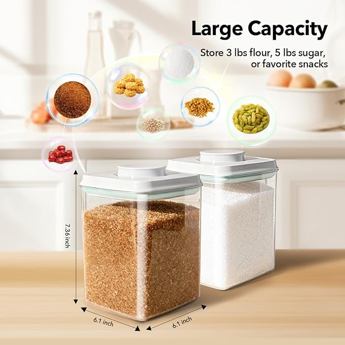 Food Storage Container Set 2.8 Qt 횞2 with Lids, Airtight Pantry Canisters, BPA-Free Plastic Flour Sugar Storage Containers, One-Touch Press-to-Open Lids, Stackable Clear Jars for Rice, Cereal, Coffee