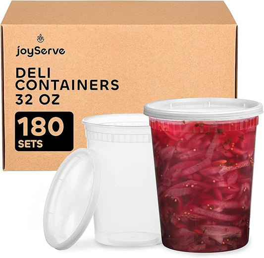 JoyServe 32 Oz Deli Food Containers with Lids - (180 Sets) Quart Airtight Plastic Food Storage for Takeout, Meal Prep, To-Go, Soup Freezer Containers w/ 180 Lids, BPA-Free, Dishwasher, Microwave Safe