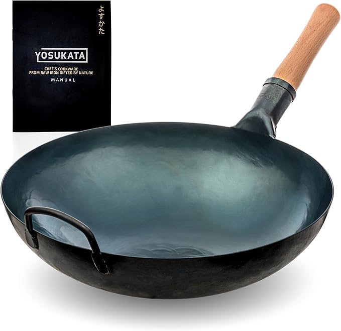YOSUKATA 14??Round Bottom Carbon Steel Wok Pan ??Blue Pre-Seasoned Pow Wok for Stir Fry, BBQ & Camping ??Traditional Japanese & Chinese Cookware ??Compatible with Gas Stoves & Open Fire Only