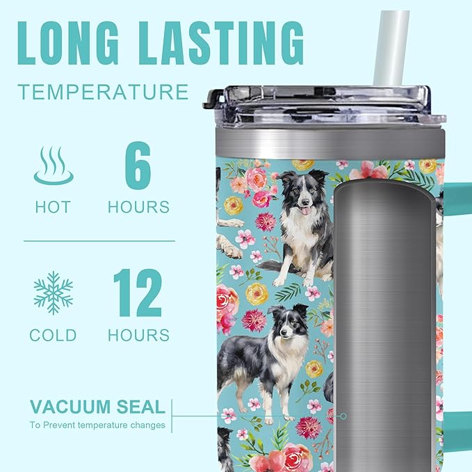Yogusut Border Collie Gifts for Women, 40oz Stainless Steel Insulated Tumbler Travel Mug Cup with Handle Straw, Gifts for Dog Mom Dog Lover