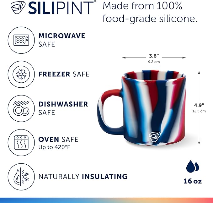 Silipint 16oz Silicone Coffee Mug ??Unbreakable Dishwasher Safe Microwave Oven & Freezer Compatible Travel Mug ??Non-Toxic Reusable Cup for Hot Coffee Tea or Cold Drinks (The Patriot)