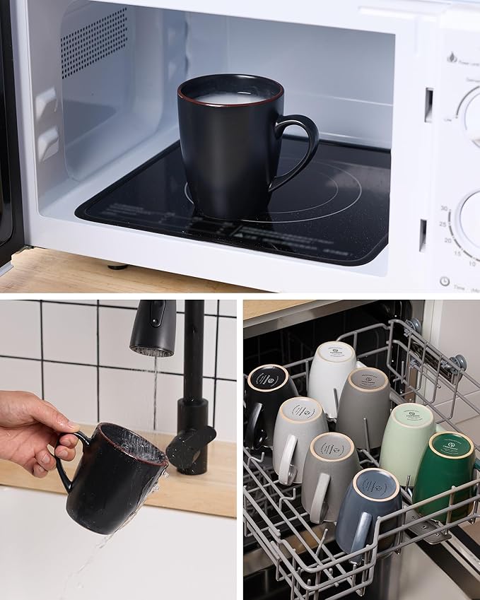 famiware Venus Coffee Mugs for 6, 14 oz Mug Set, Dringking Cup with Handle for Coffee, Tea, Cocoa, Milk, Matte Black