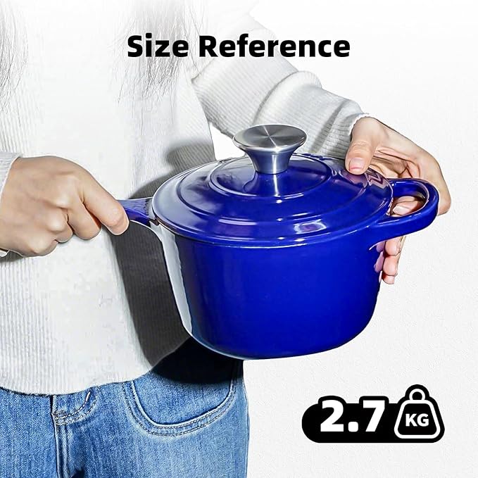 1.75QT Enameled Cast Iron Sauce Pan, Enameled Saucepan with Lid, Small Dutch Oven Cooking Kitchen Pot, Nonstick & Heavy Duty for Cooking Pasta Sauce, Gravy, Puddings, Marinate, Boiling - Blue