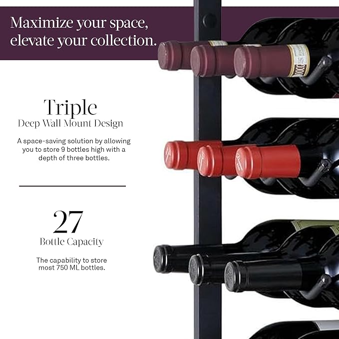 Wine Enthusiast N'FINITY 27 Bottle Wall Mounted Metal Wine Rack ??Label Forward Wine Rack with Easy Installation - 3' Tall, 3 Column Deep (Black)