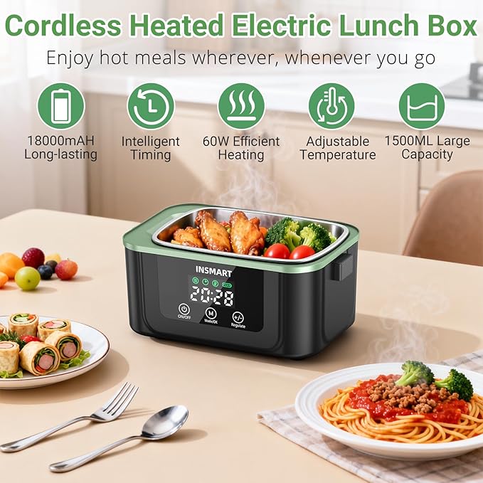 Cordless Electric Lunch Box for Adults, 1.5L Large Portable Heated Lunch Boxes with Smart Timer and 60W Rapid Uniform Heating, 304 Stainless Steel Lunch Box for Office, Travel, Car & Home Use