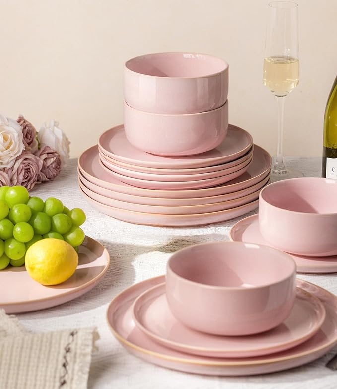 TheTerra Ceramic Dinnerware Sets for 4, 12 Pieces Handmade Reactive Glaze Plates and Bowls Set, Scratch Resistant Dish Set, Oven & Microwave & Dishwasher Safe, Sakura Pink